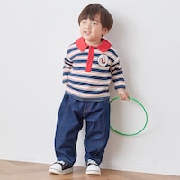 ネイビー系ボーダー／モデル身長84.0cm・80サイズ着用・体重11.8kg