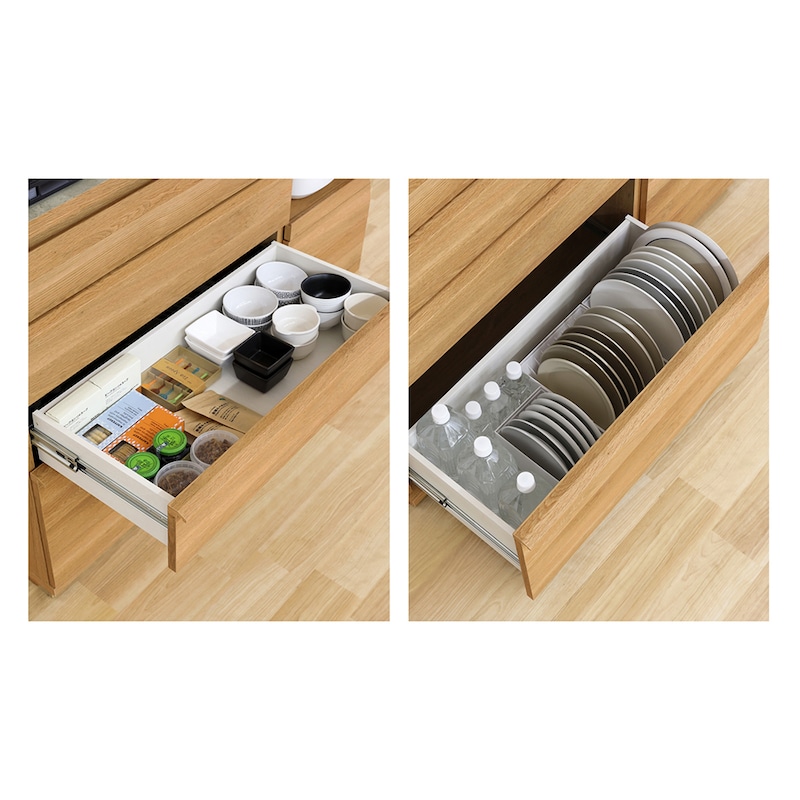 上から2、3段目の引出しは調味料などに便利な内寸工9.5cm、下段は２Lのペットボトルが入る33cm