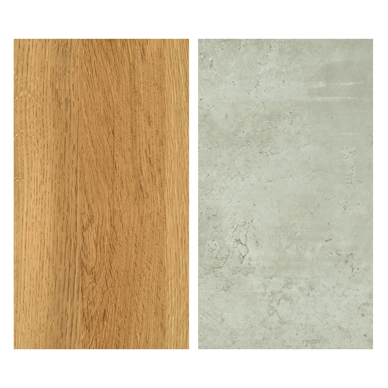 木目間をリアルに表現したオーク材調のシートと、天板・作業台には石目調メラミンを採用