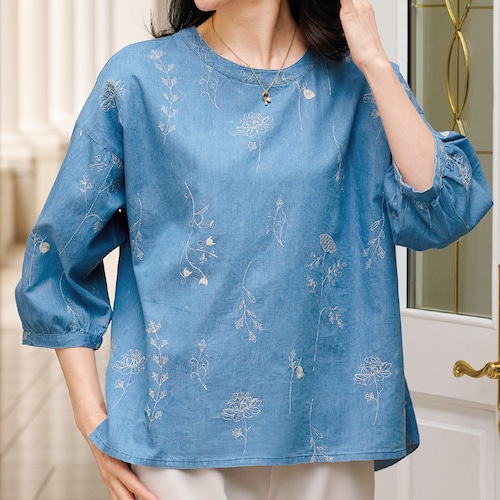 綿デニム刺しゅう使いオーバーブラウス