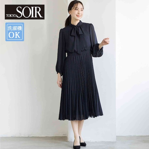 洗えるボウタイ＆プリーツ ドッキングワンピース