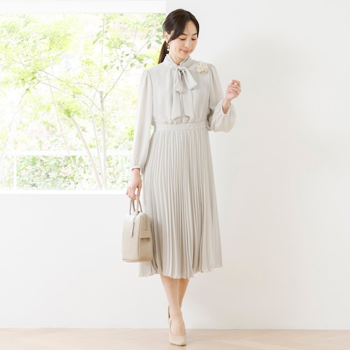 洗えるボウタイ＆プリーツ ドッキングワンピース