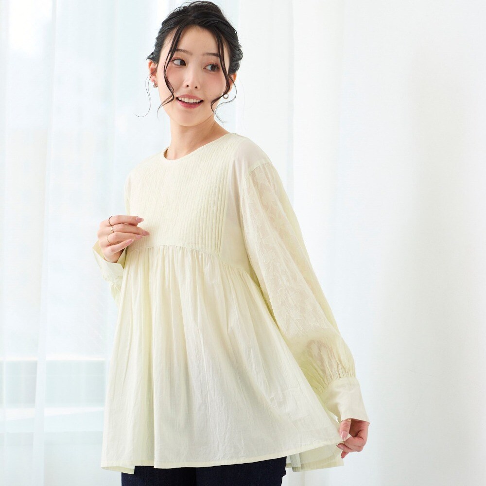 【ベルメゾン】ピンタック袖口ジャカードギャザーブラウス