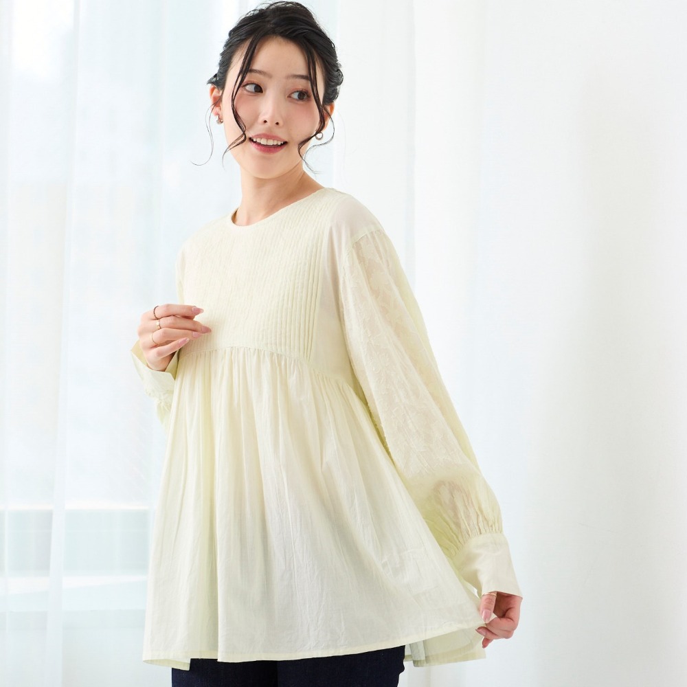 【ベルメゾン】ピンタック袖口ジャカードギャザーブラウス