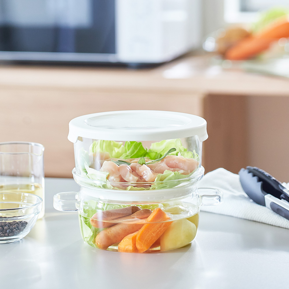 電子レンジで手軽に2段蒸し調理 ガラスのせいろ蒸し器 【食洗機対応】 電子レンジで手軽に2段蒸し調理 ガラスのせいろ蒸し器 【食洗機対応】