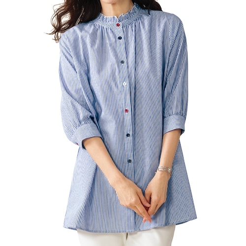 フリル衿ストライプロングブラウス