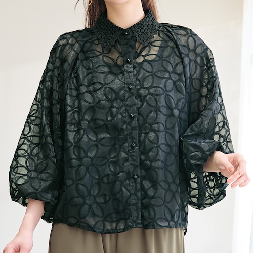 花柄刺しゅうシアーブラウス