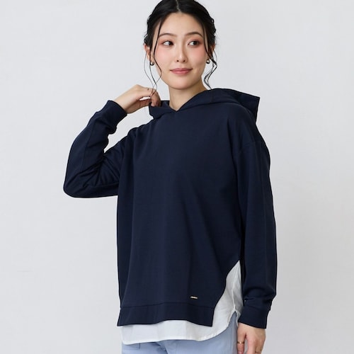 裾布帛フェイクレイヤードパーカー