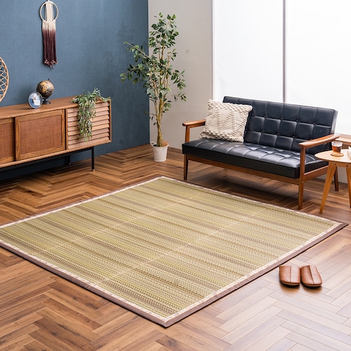 ストライプデザインの撥水・防ダニい草ラグ