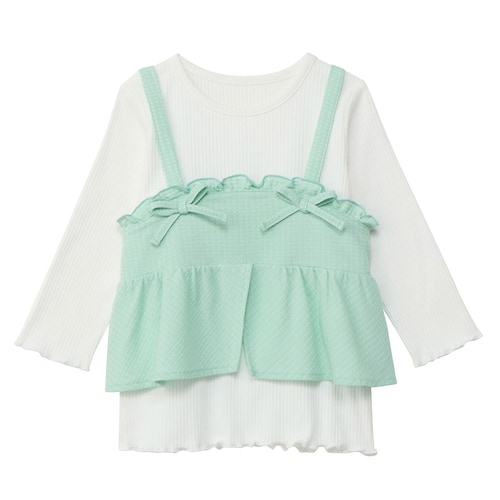 サッカー風チェックリボンビスチェ＆七分袖リブＴシャツセット 【子供服】