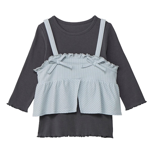 サッカー風チェックリボンビスチェ＆七分袖リブＴシャツセット 【子供服】