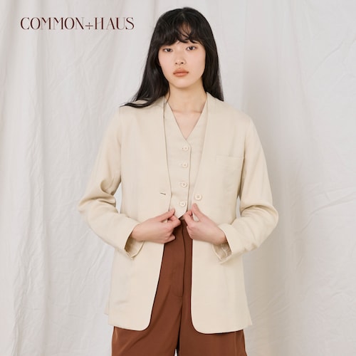 麻混ノーカラージャケット