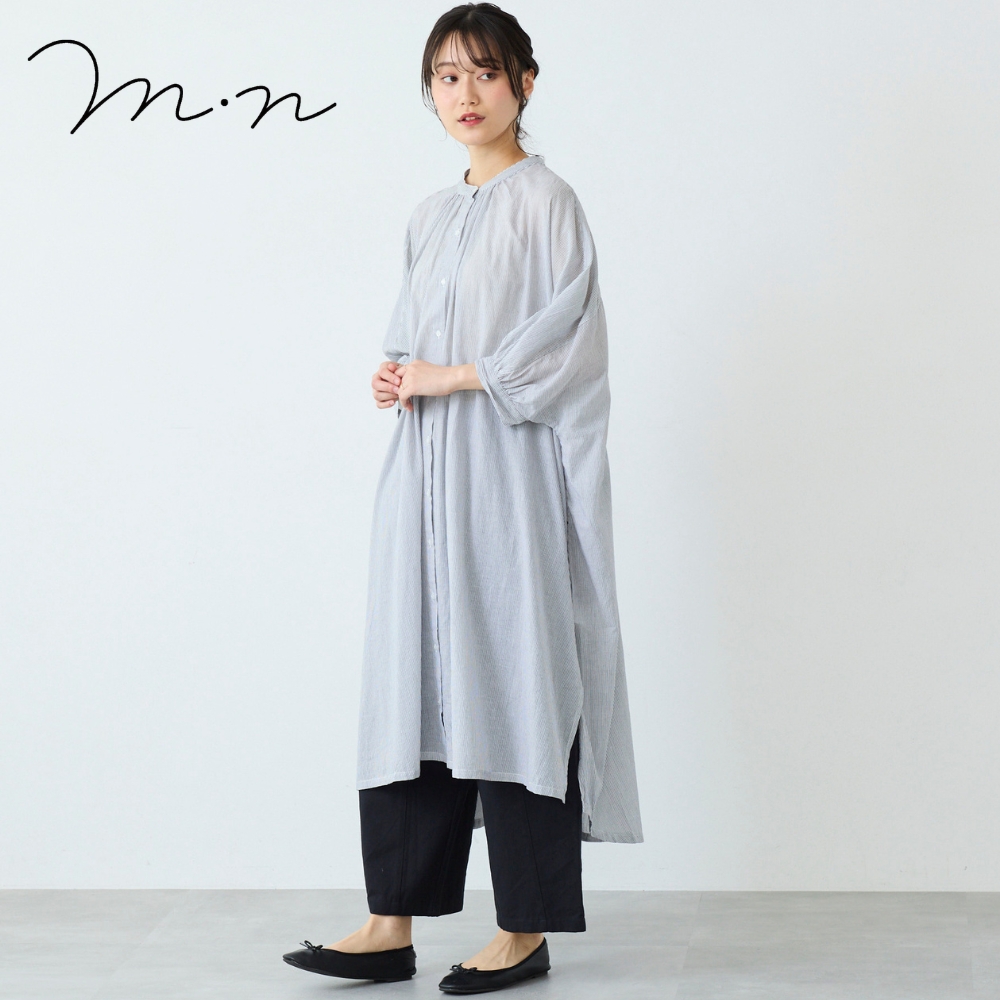 【エムドットエヌ/m.n】先染めストライプゆったりワイドワンピース