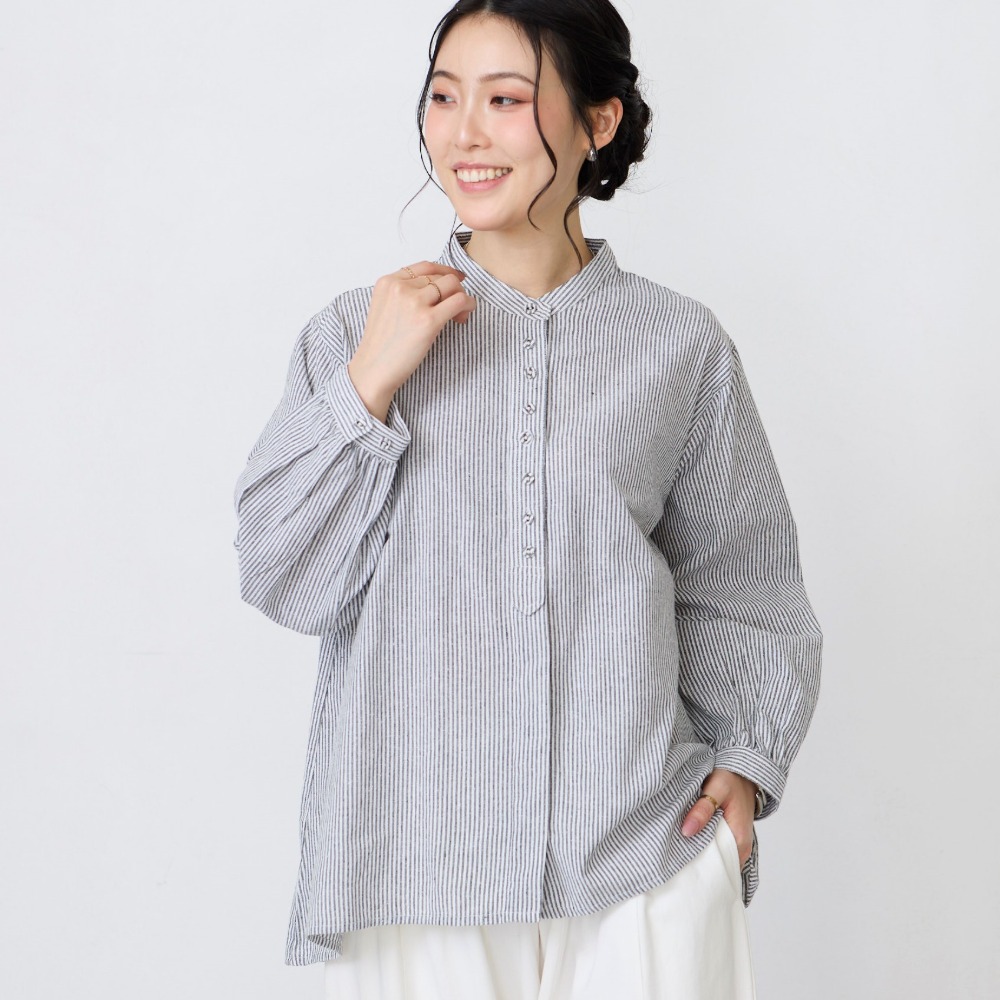 【ベルメゾン】ストライプボタン使いブラウス
