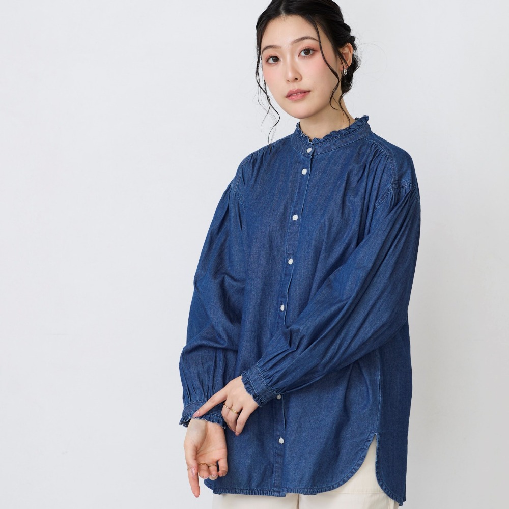 【ベルメゾン】フリルデザイン綿デニムブラウス