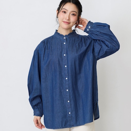 フリルデザイン綿デニムブラウス