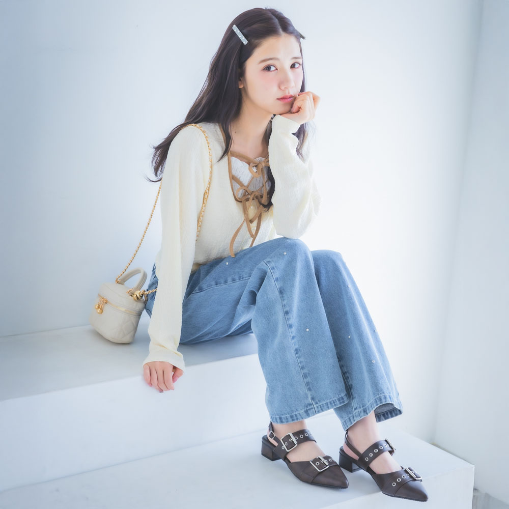 ライントーンワイドストレートデニムパンツ(ウエスト調節可) 【ジュニア】 ライントーンワイドストレートデニムパンツ(ウエスト調節可) 【ジュニア】