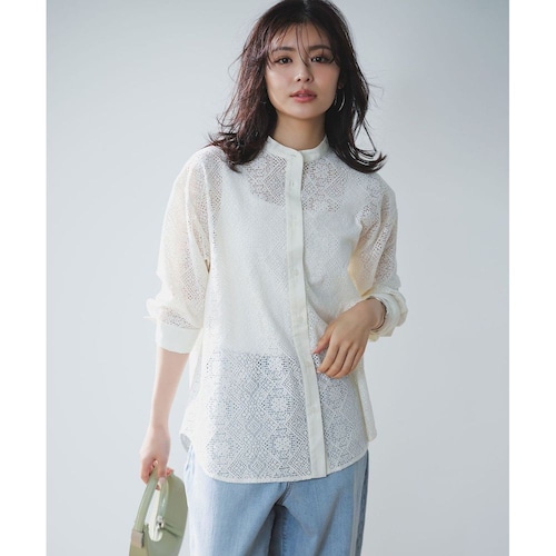 【UNFILO／アンフィーロ】ブロックレース バンドカラーシャツ