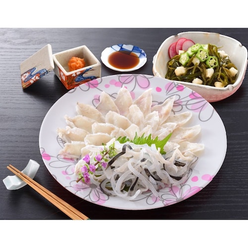 【フードロス対策】【20%OFF】 ふく霜降り刺身19cm皿と昆布とオクラの長芋和え8個 （訳あり）