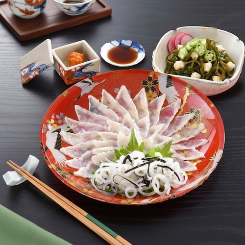 【フードロス対策】【20%OFF】 ふく霜降り刺身22cm皿と昆布とオクラの長芋和え8個 （訳あり）