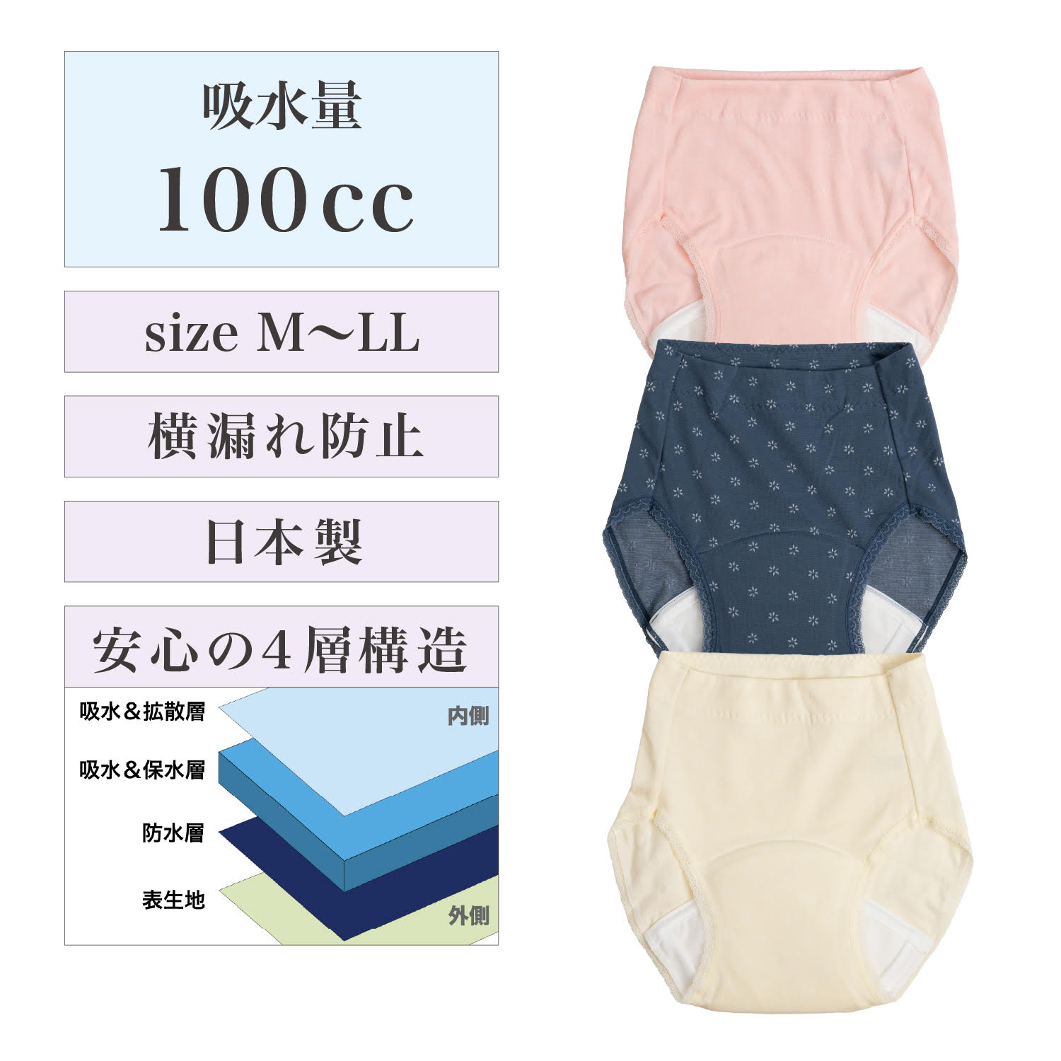 【ベルメゾン】ジャカード織のやわらかフィット安心ショーツ(同サイズ3色組) 【しっかり吸水100CC・横漏れガード】