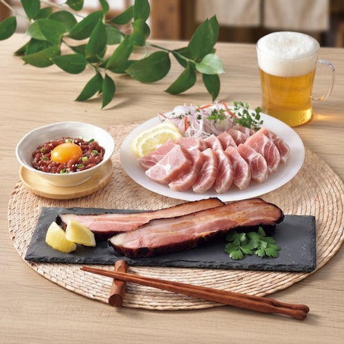 【予約商品】 父の日 生ハム・牛生ハムユッケ＆ベーコンステーキ 【ご注文は6月9日まで】