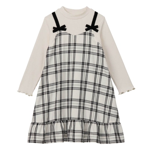 ベロアリボン裾フリルチェックドッキングワンピース 【子供服 長袖】
