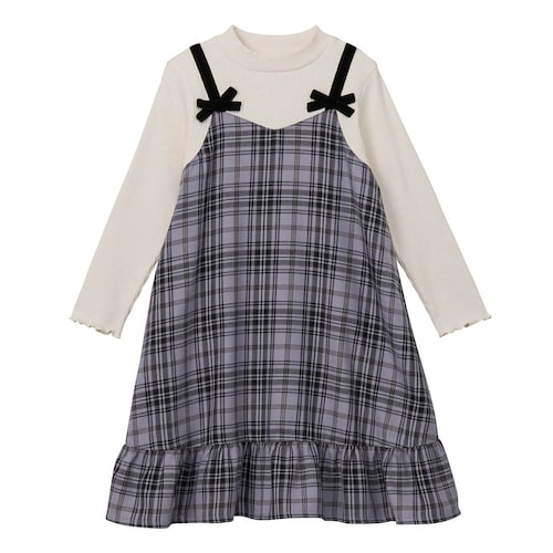 ベロアリボン裾フリルチェックドッキングワンピース 【子供服 長袖】