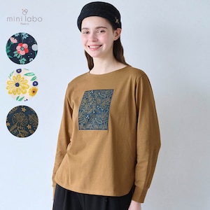 【ミニラボ/mini labo】布帛プリントをあしらったアートのような長袖Tシャツ【身生地綿100%】 「ミニラボ」