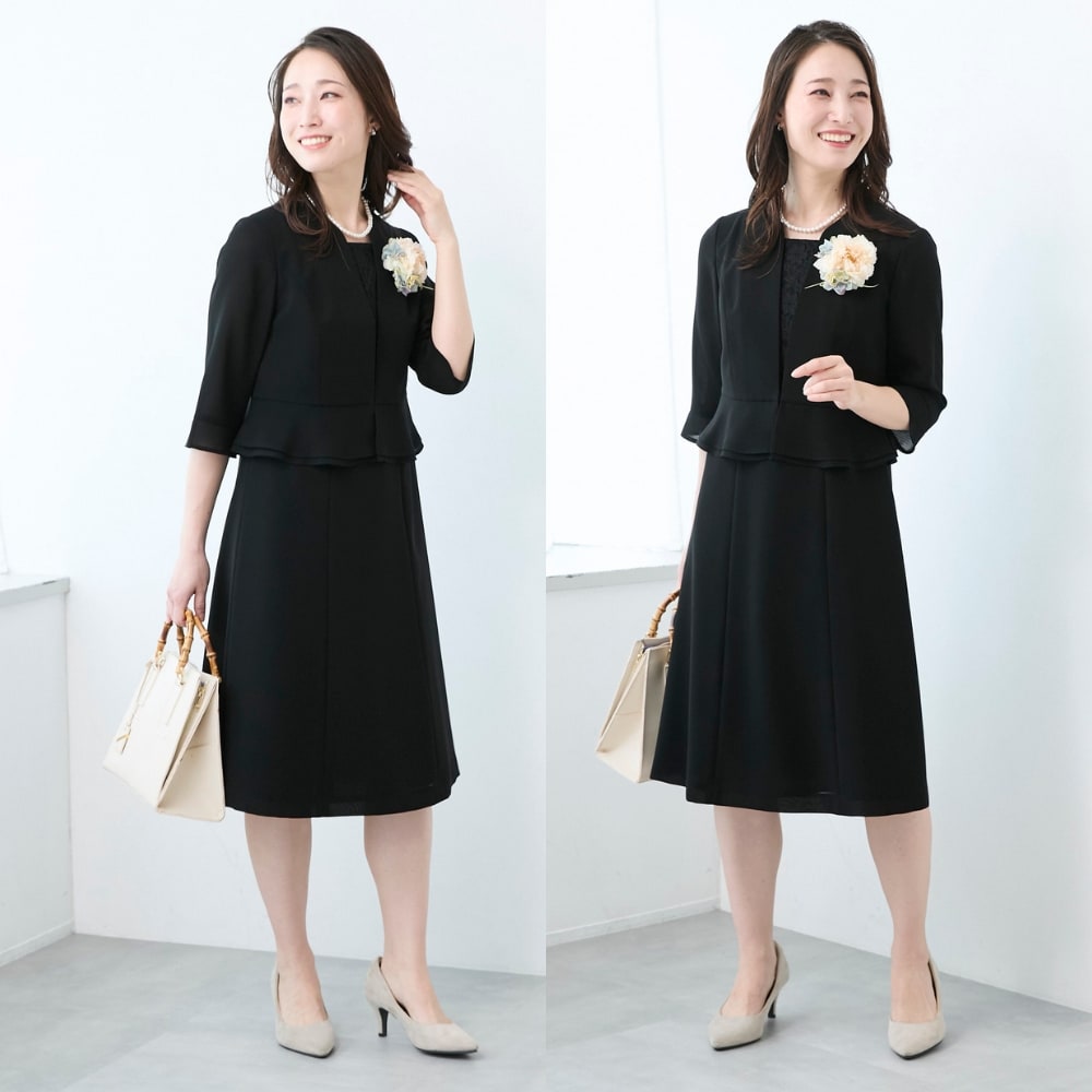 小物を変えて礼服やハレのシーンにも対応（モデル身長165cm/９号）
