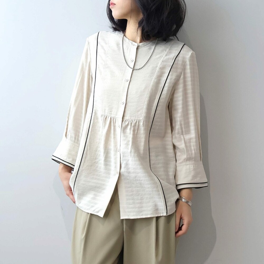 【レスウェル/leswel】ドビーボーダーパイピングブラウス 【大きいサイズ】