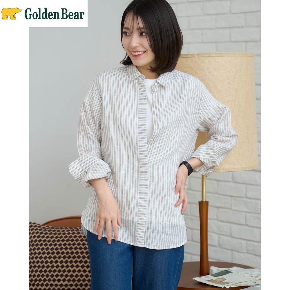 【ゴールデンベアー/GOLDEN BEAR】フレンチリネンストライプ長袖シャツ