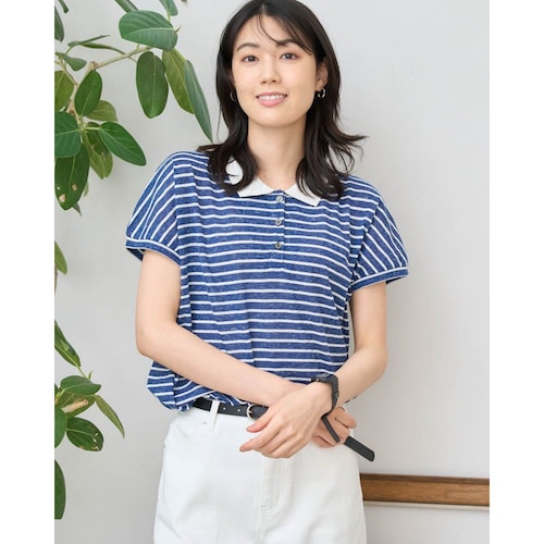 麻混ポロ襟カットソープルオーバー