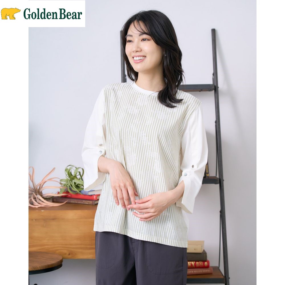 【ゴールデンベアー/GOLDEN BEAR】ストライプ袖ボタンTシャツ