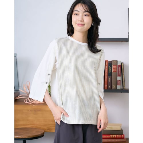 ストライプ袖ボタンTシャツ