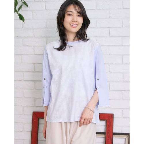 ストライプ袖ボタンTシャツ