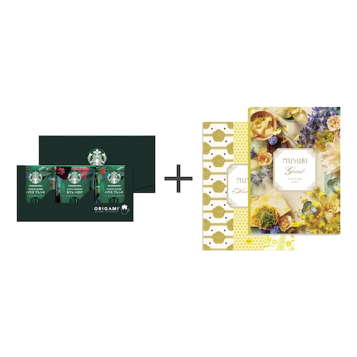 【お取り寄せギフト】セット品 オリガミドリップオリガミ パーソナルドリップコーヒー5袋＋カタログギフト MUSUBI〈藤黄〉